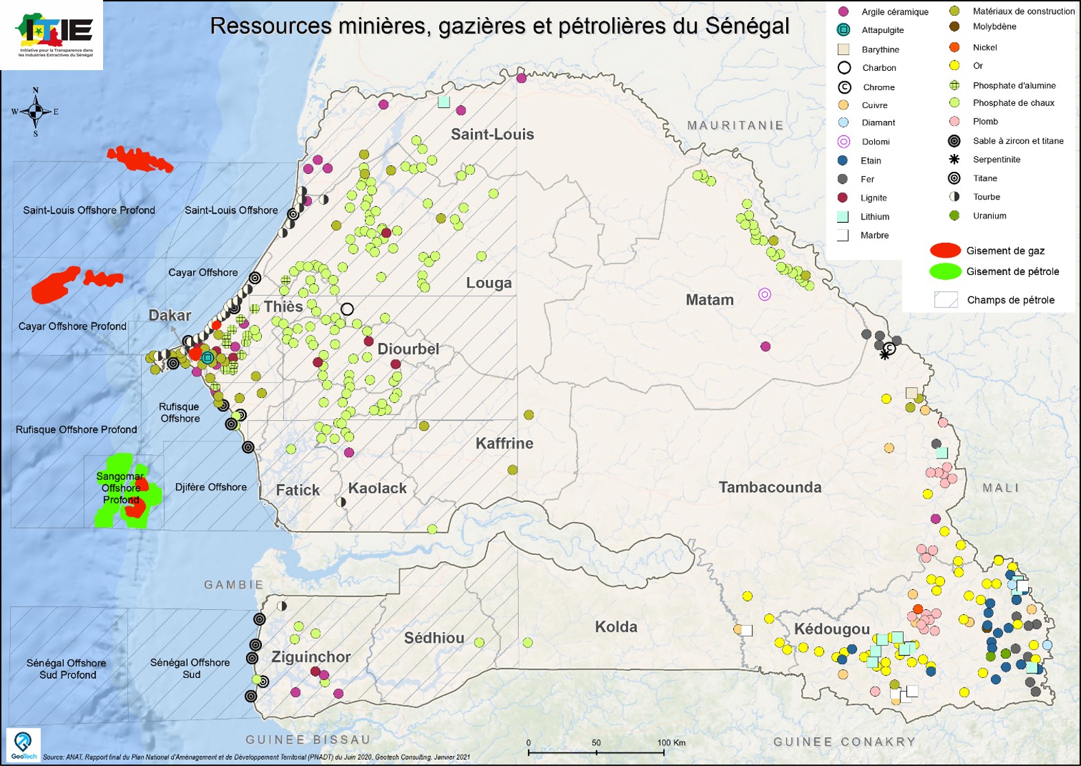 Carte des ressources minières et pétrolières du Sénégal